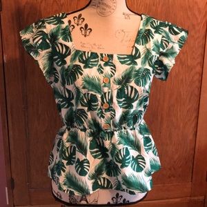 Square neck peplum top with leaf pattern